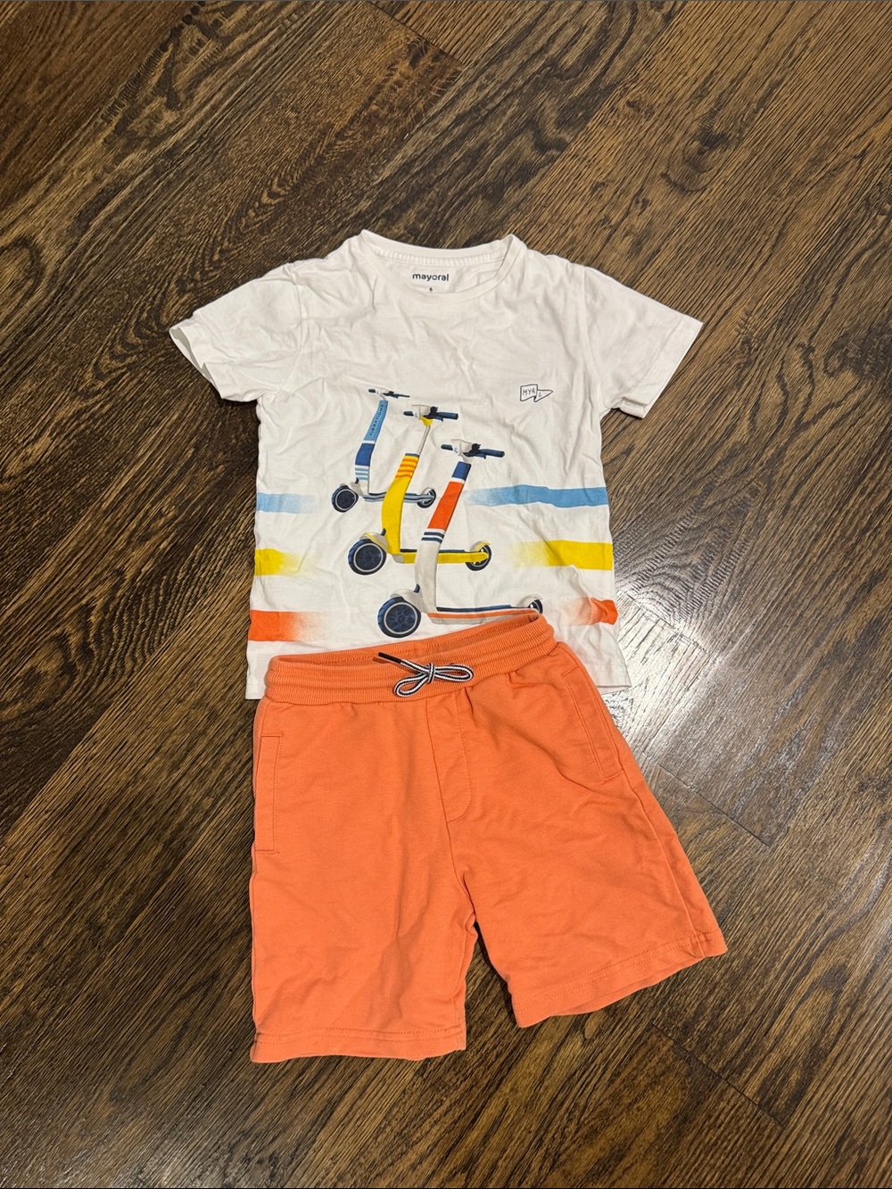 Mayoral White Tee with Blue Yellow Orange Scooter Print and Orange Shorts